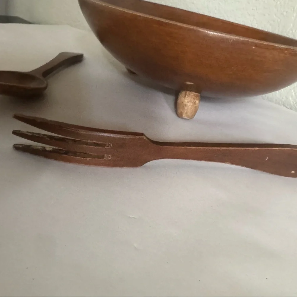 Vintage Woodcrofty Wooden Dining Set - Bowl, Spoon, and Fork